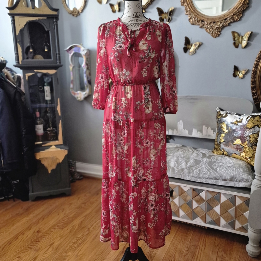 Tinsel 70s Vibe Floral Sheer Red Maxi Dress Petite Small